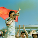 A student leader from the Political Science and Law University leads a victory cheer as hundreds of students realize they have successfully disrupted a officially sponsored pro-government rally at the Chang Ping Bicycle Stadium outside Beijing.